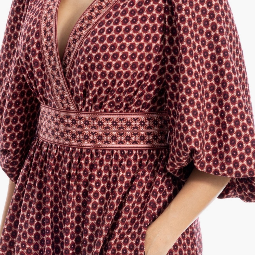 Max Studio Bubble Sleeve Midi Dress Burgundy Beige Geo‎ Print NWT Size Medium